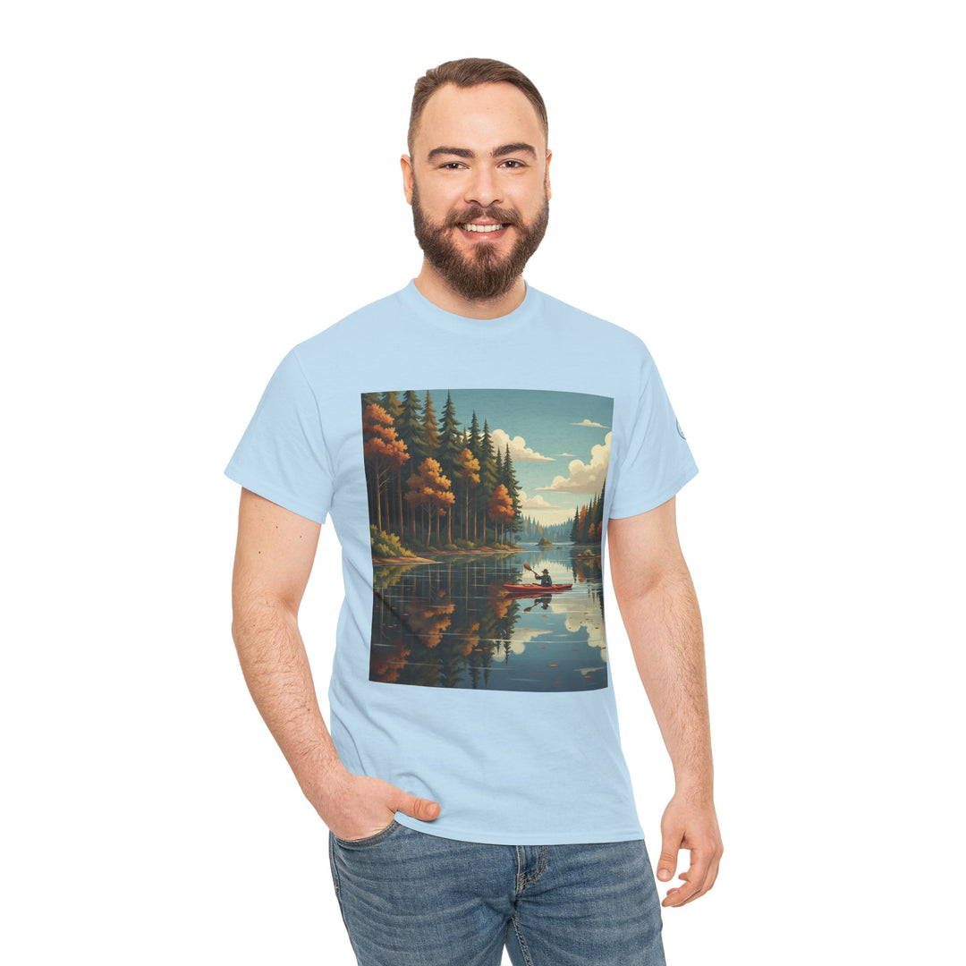Light blue T-shirt with a nature scene by S&amp;W Gallus, featuring a man in a red canoe on a reflective lake.