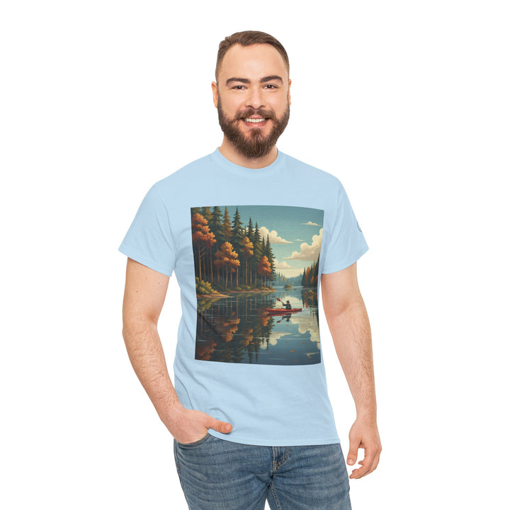 Light blue T-shirt with a nature scene by S&amp;W Gallus, featuring a man in a red canoe on a reflective lake.