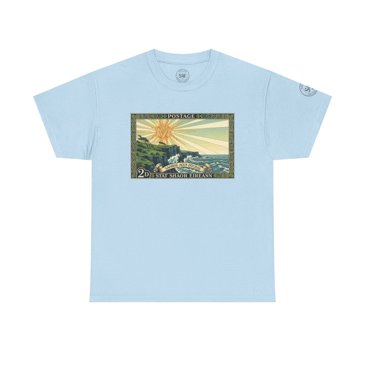 Light blue t-shirt by S&amp;W Gallus, featuring a vintage Irish postage stamp design on the front.