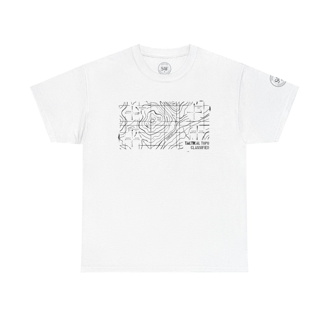 White t-shirt by S&amp;W Gallus with a black topographic map and "Tactical Topo Classified" text.