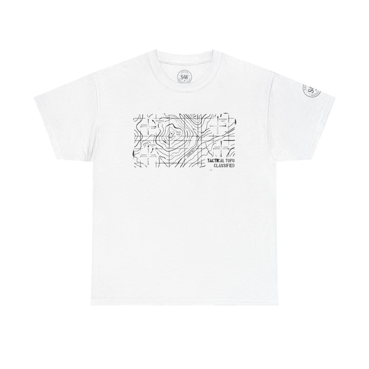 White t-shirt by S&amp;W Gallus with a black topographic map and "Tactical Topo Classified" text.