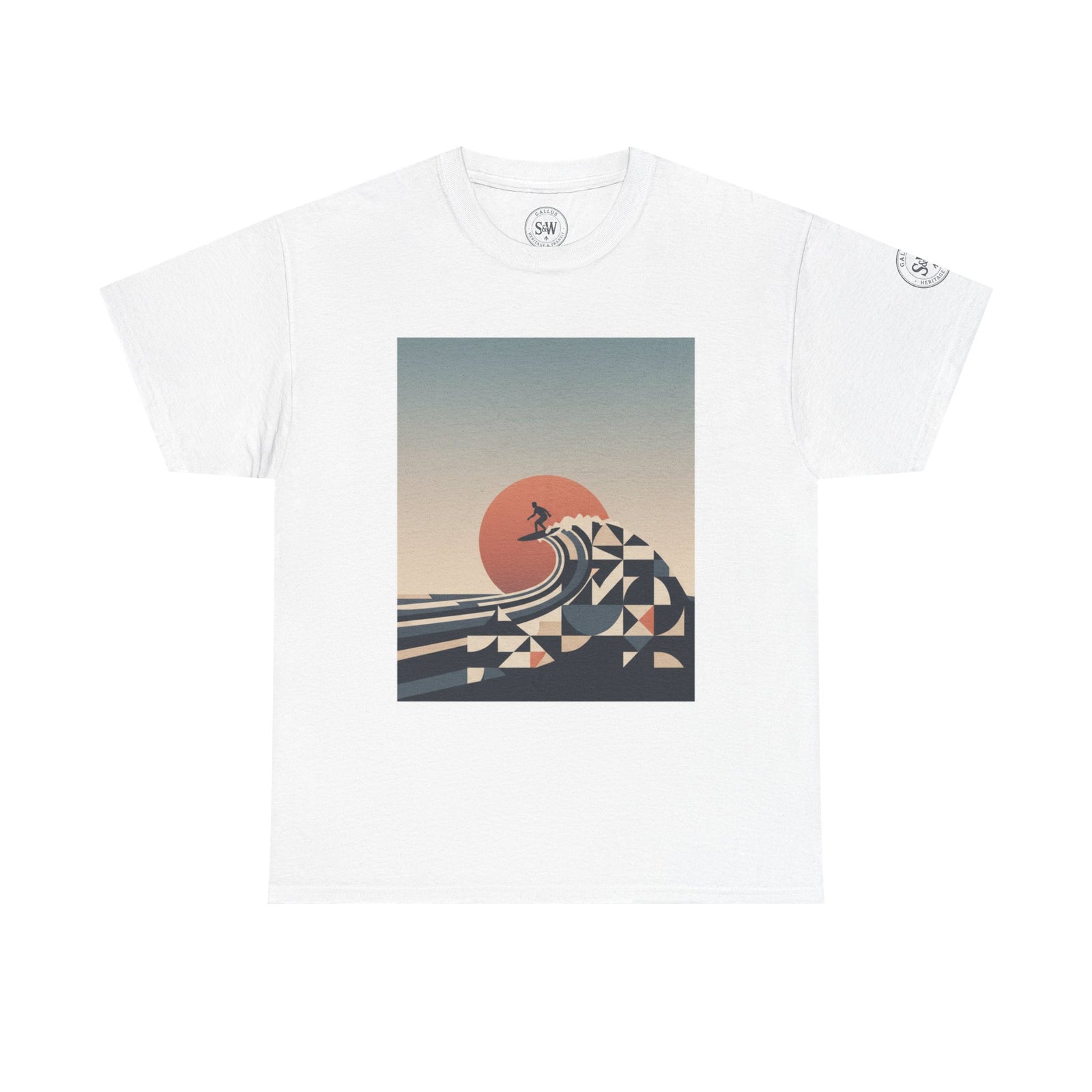 White t-shirt by S&W Gallus with a graphic of a surfer on a geometric wave under a setting sun.