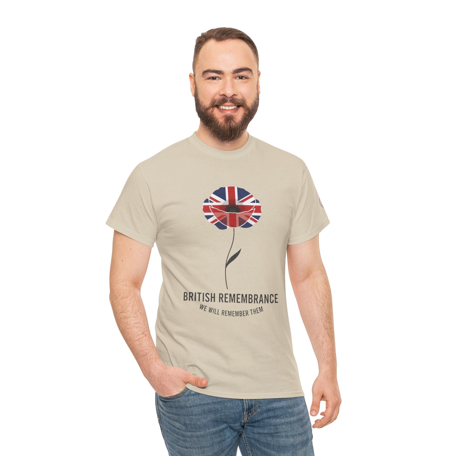 Beige Remembrance Flag Poppy T-Shirt by S&W Gallus with a floral British flag pattern, styled with jeans.