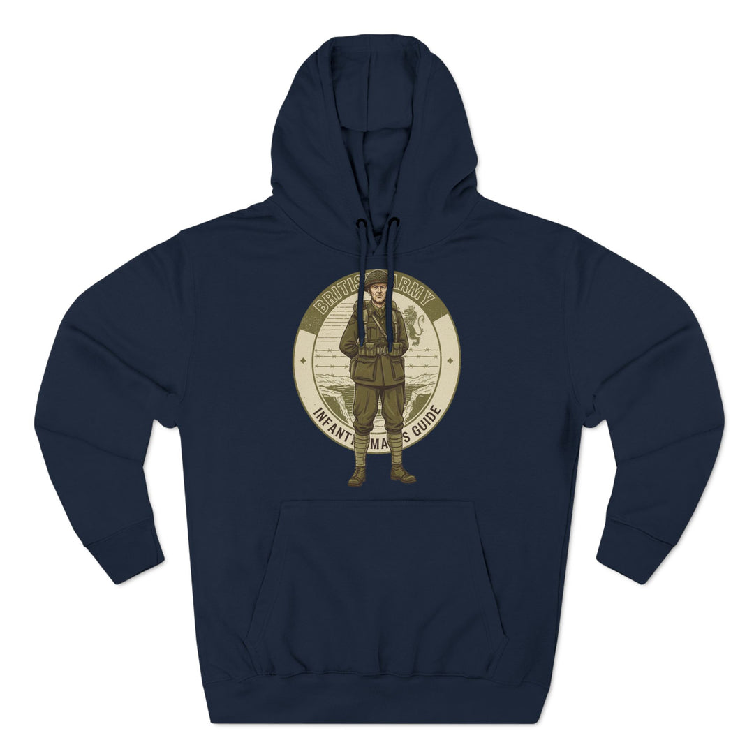 Navy blue hoodie by S&amp;W Gallus with a graphic design of a British Army Infantryman.