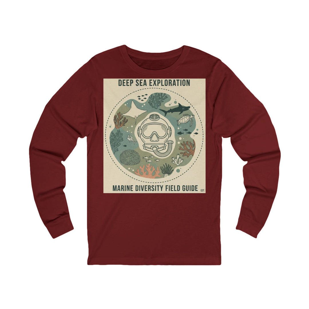 Maroon long sleeve tee by S&amp;W Gallus, featuring a deep sea exploration graphic with diving mask and marine life.