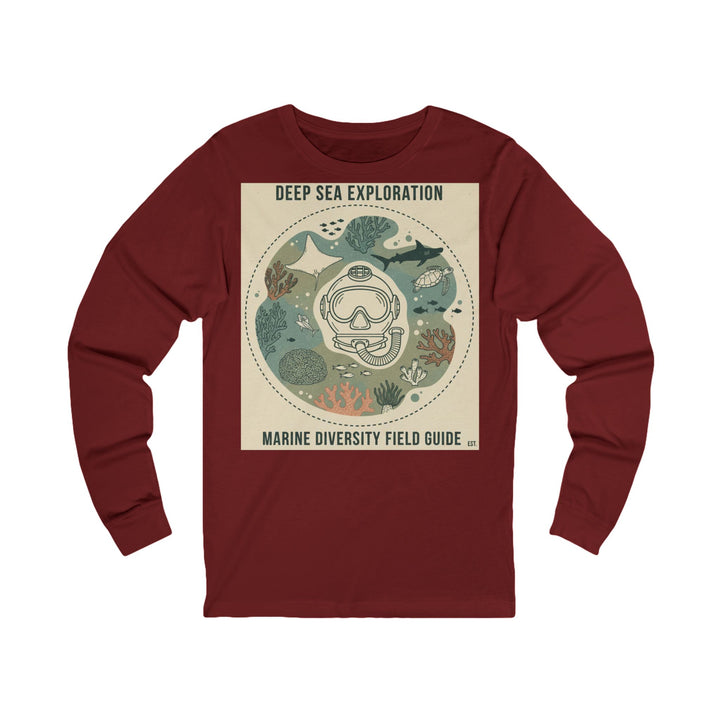 Maroon long sleeve tee by S&amp;W Gallus, featuring a deep sea exploration graphic with diving mask and marine life.