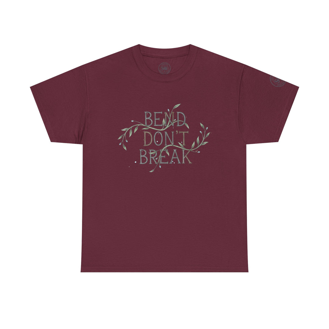 Maroon t-shirt with graphic text by S&amp;W Gallus, featuring decorative floral elements around the quote.
