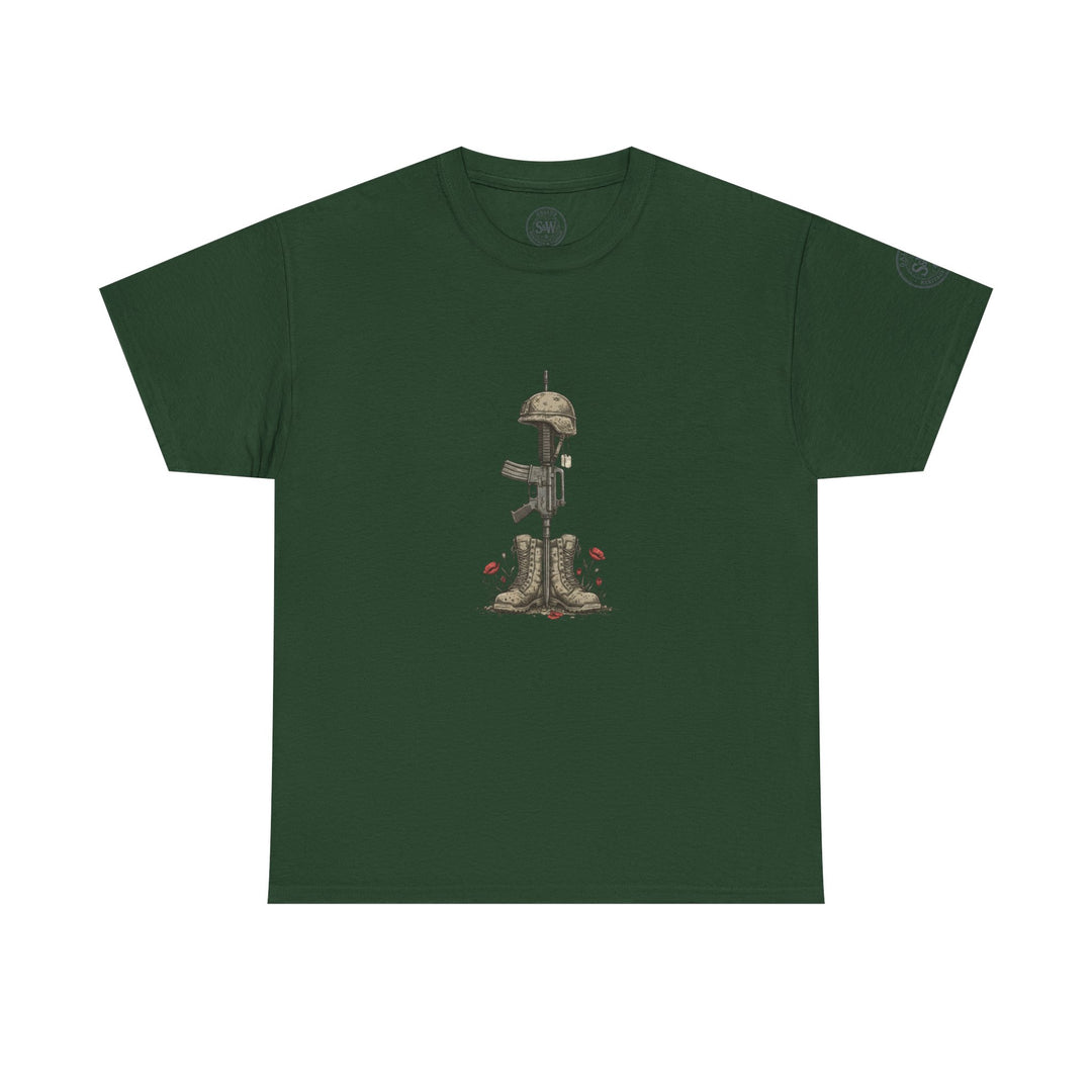 Forest green t-shirt by S&amp;W Gallus, featuring a military tribute design with boots, rifle, and helmet.