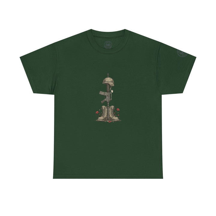 Forest green t-shirt by S&amp;W Gallus, featuring a military tribute design with boots, rifle, and helmet.