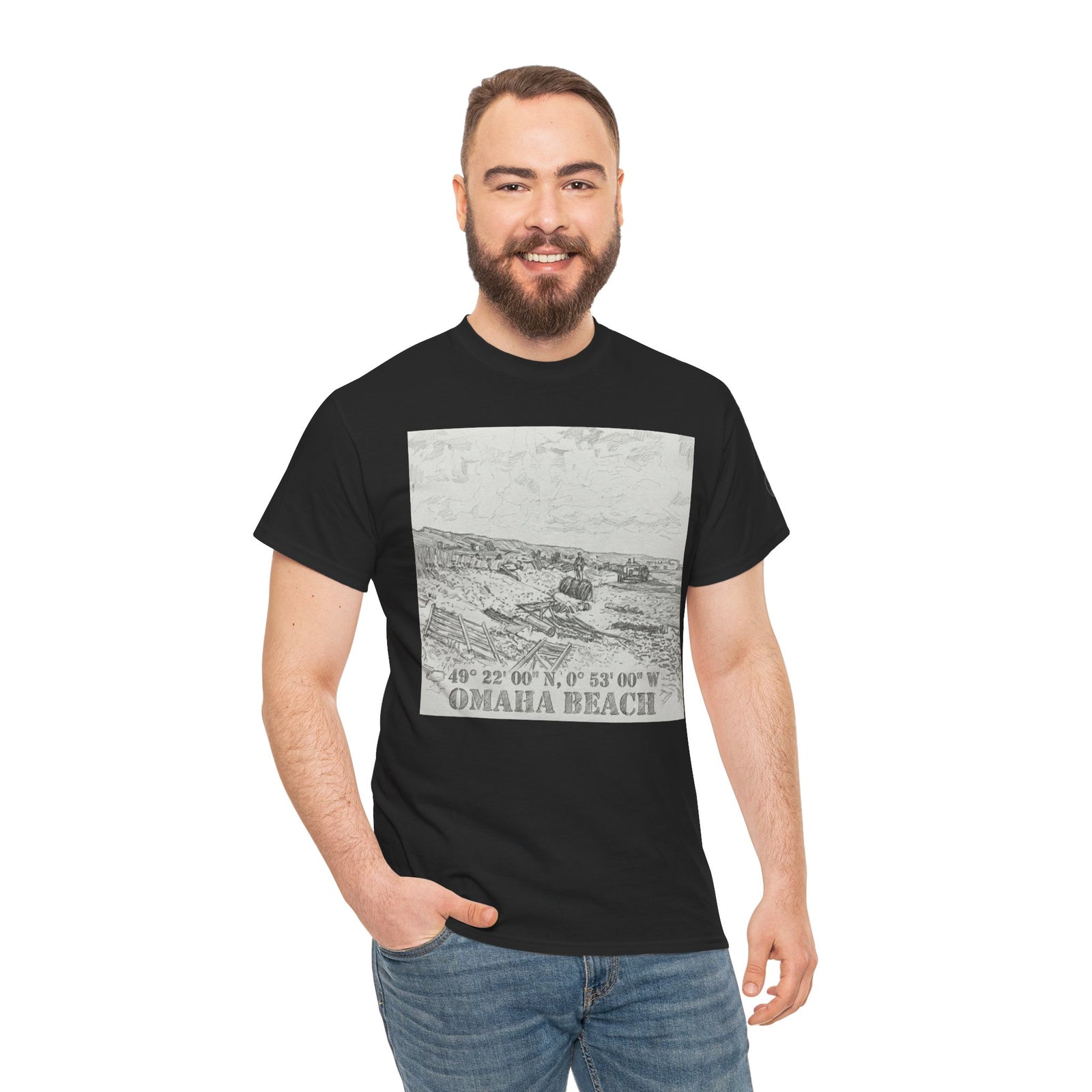 Black t-shirt with Omaha Beach graphic by Veteran Owned, styled with blue jeans on a smiling man.