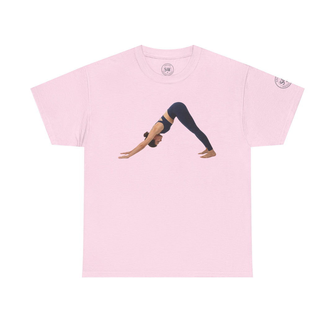 Pink t-shirt with yoga pose graphic by S&amp;W Gallus, with brand logo on the neck and sleeve.
