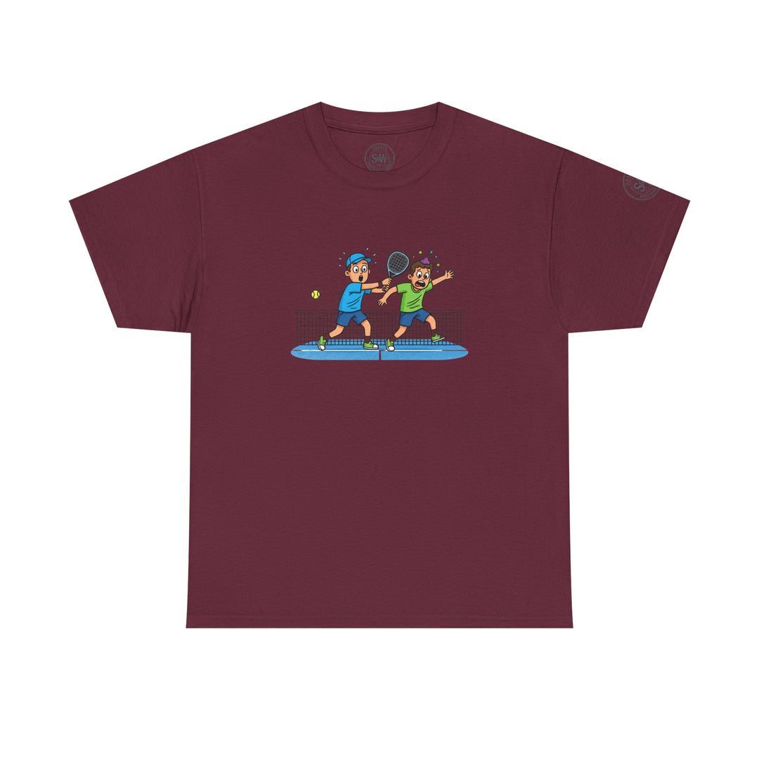 Maroon graphic t-shirt by S&amp;W Gallus featuring two cartoon boys playing paddle ball.
