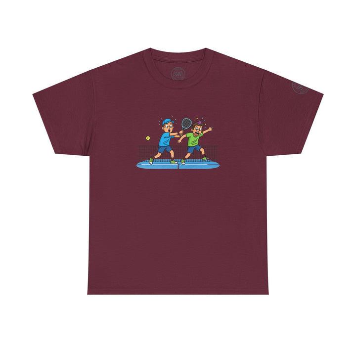 Maroon graphic t-shirt by S&amp;W Gallus featuring two cartoon boys playing paddle ball.