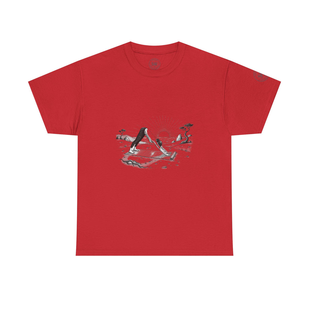 Red T-shirt by S&amp;W Gallus featuring a graphic of a person doing yoga on a beach at sunset.