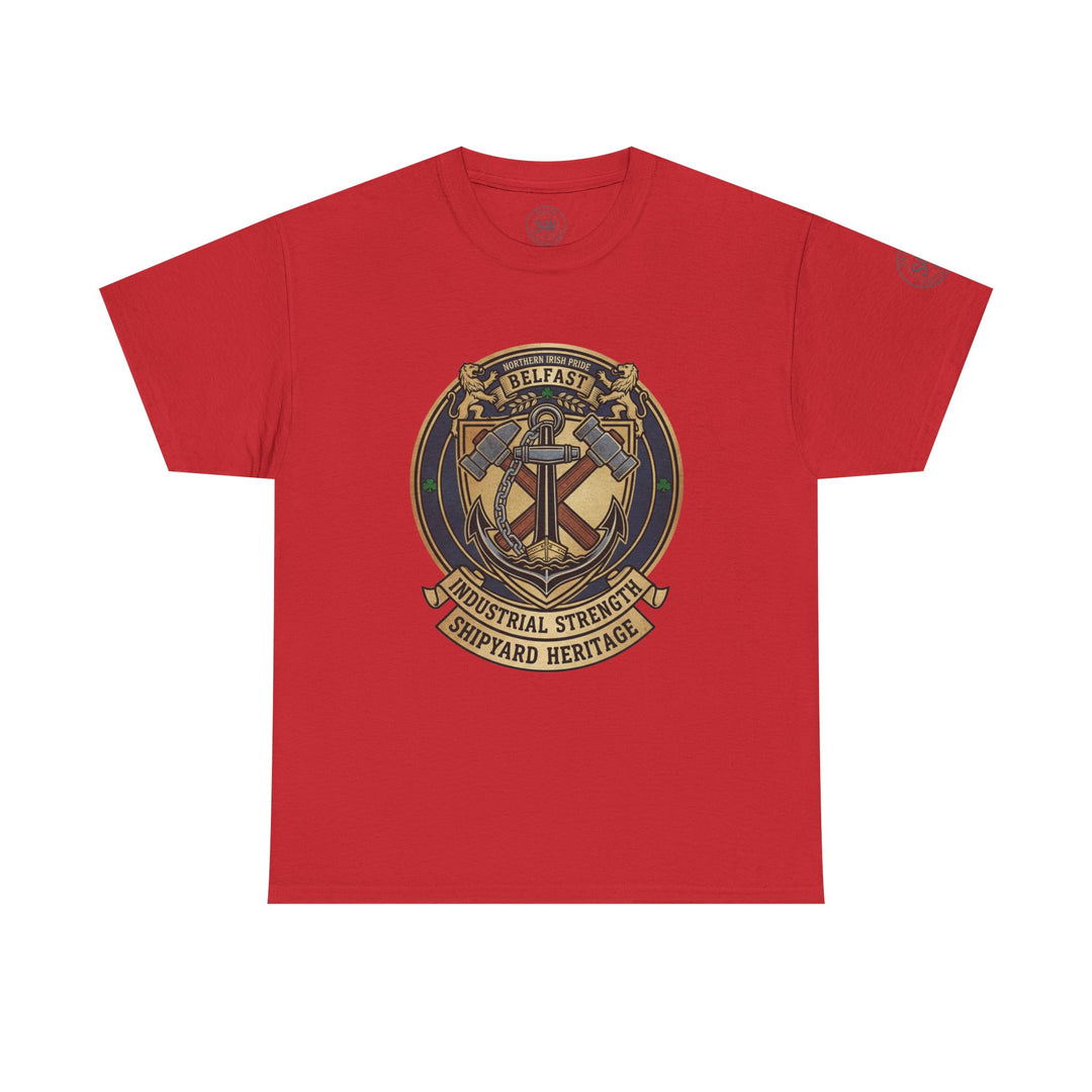 Red t-shirt by S&amp;W Gallus featuring a Belfast shipyard heritage crest design with crossed tools and an anchor.