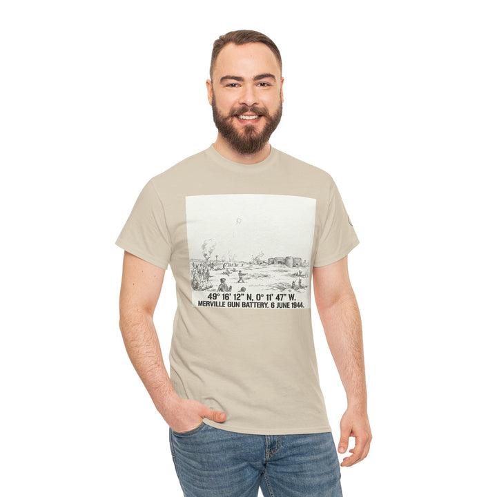 Beige graphic T-shirt by Veteran owned, featuring a Normandy D-Day sketch and worn with blue jeans.