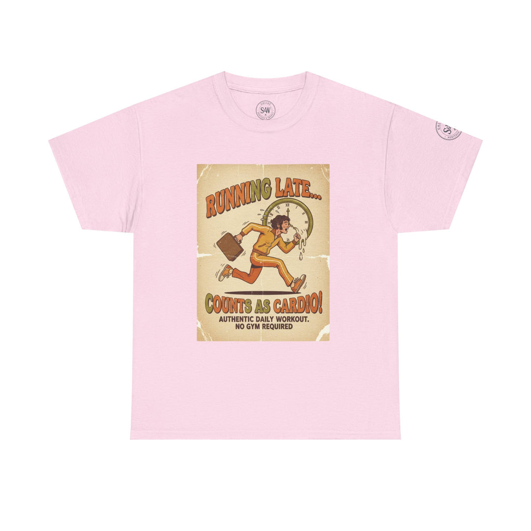 Pink t-shirt from S&amp;W Gallus featuring a retro graphic print with a person running late with briefcase.