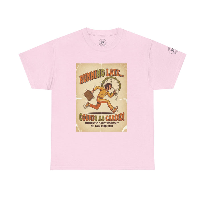 Pink t-shirt from S&amp;W Gallus featuring a retro graphic print with a person running late with briefcase.