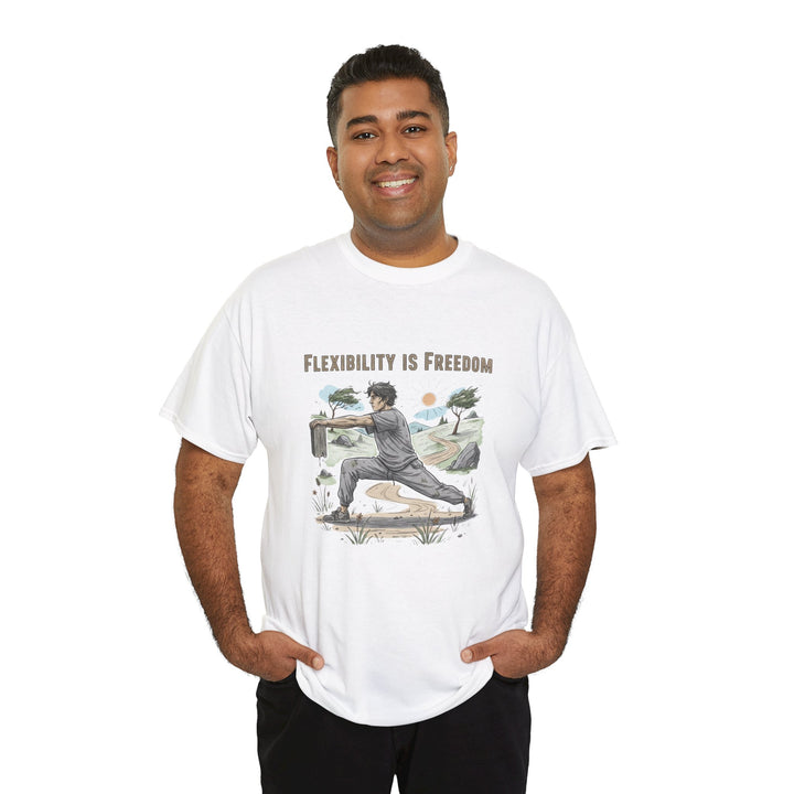 Flexibility Is Freedom Tee – soft, breathable cotton featuring a motivational design. Perfect for yoga, Pilates, stretching, or casual active lifestyle wear.
