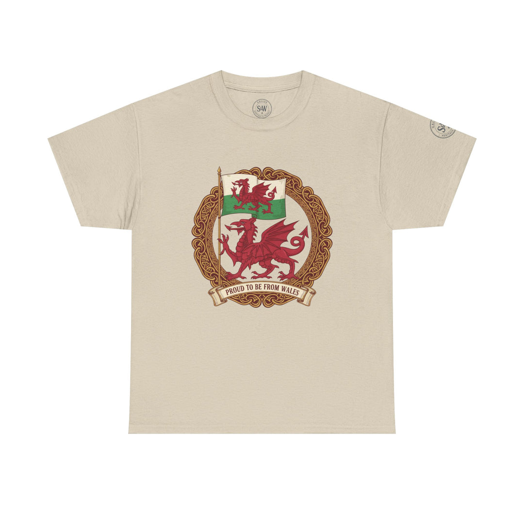 Beige t-shirt from S&amp;W Gallus displaying the Welsh flag and dragon emblem with "Proud to be from Wales" text.