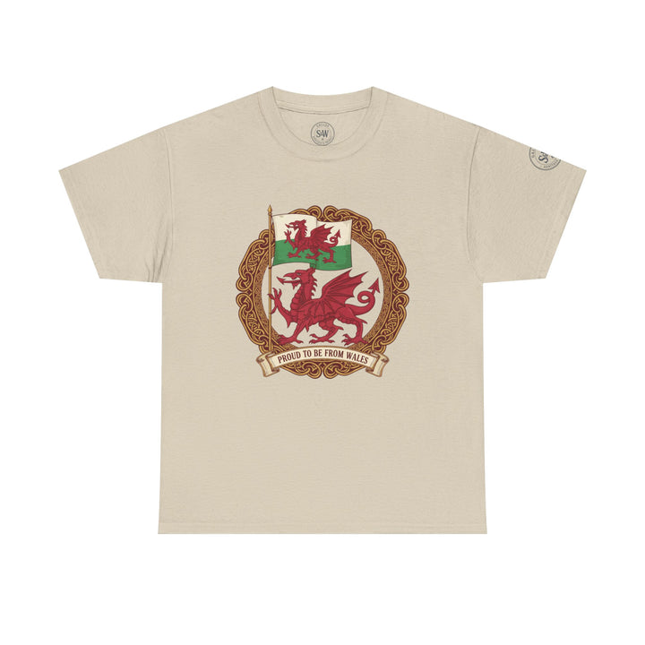 Beige t-shirt from S&amp;W Gallus displaying the Welsh flag and dragon emblem with "Proud to be from Wales" text.