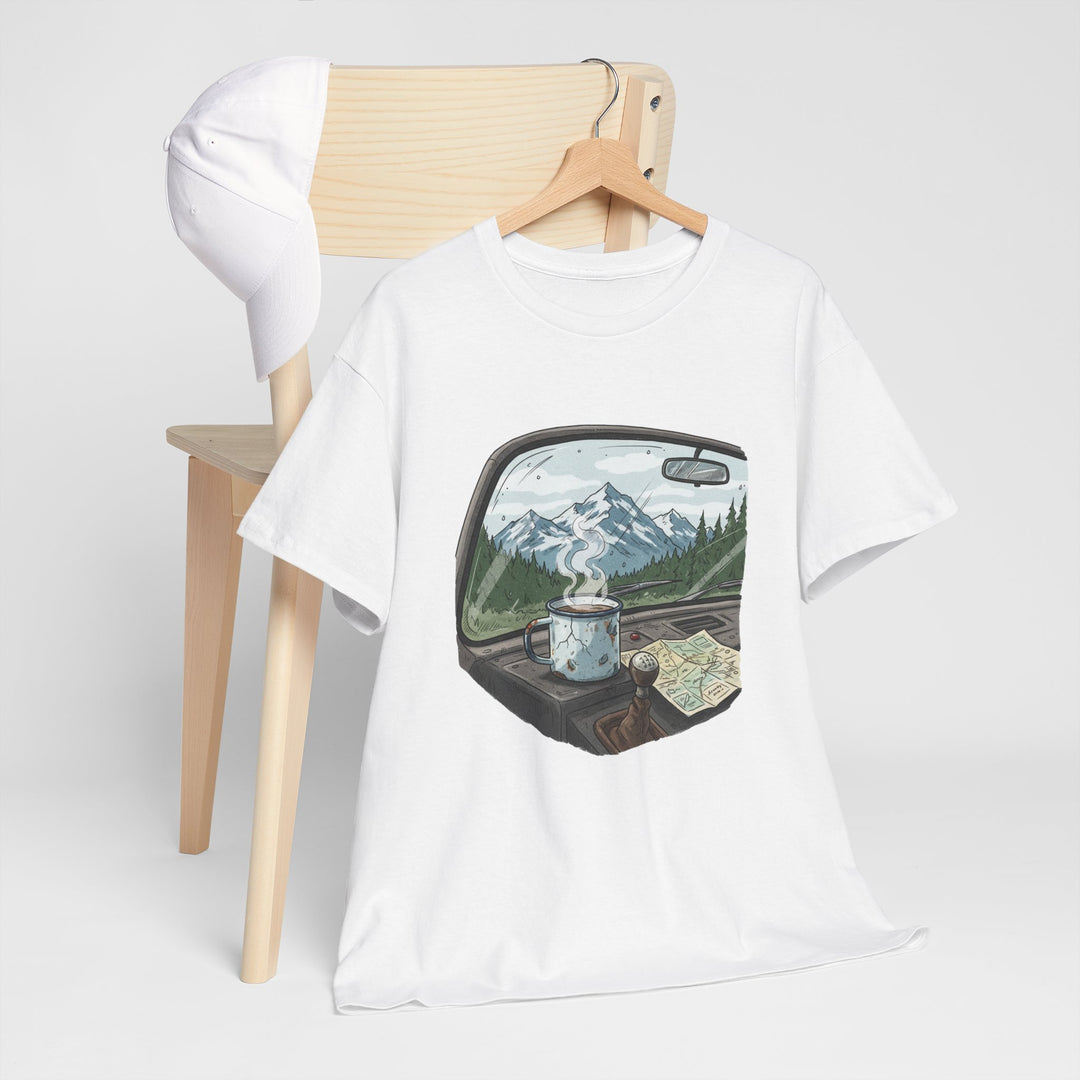 Van Roadtrip View T-Shirt featuring a scenic travel-inspired design. Soft cotton comfort perfect for van life, road trips, and outdoor adventures.
