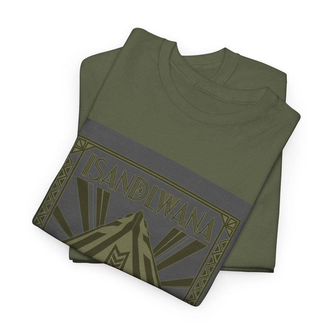 Isandlwana Festival Tee featuring bold “M” pyramid graphic. Outdoor music shirt inspired by iconic landscape vibes.