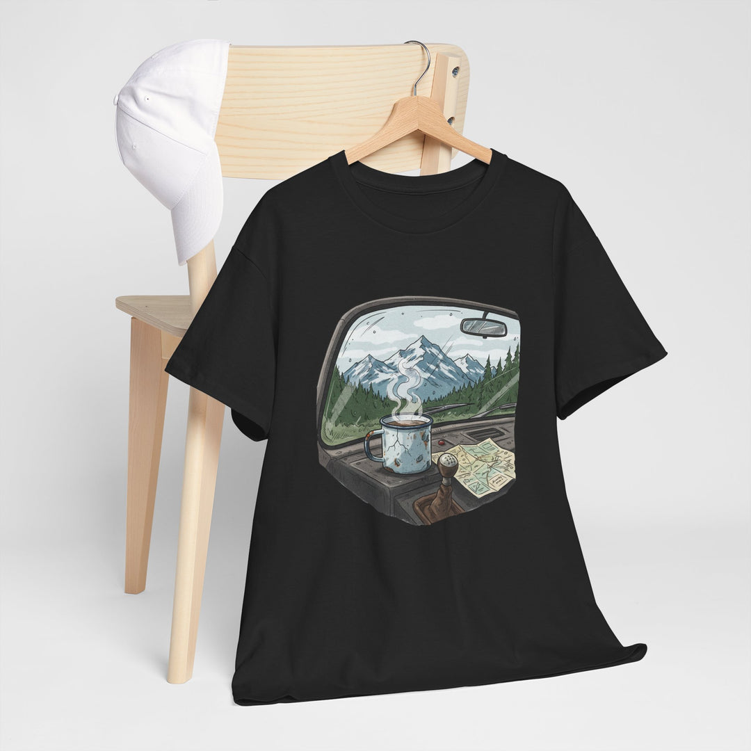 Van Roadtrip View T-Shirt featuring a scenic travel-inspired design. Soft cotton comfort perfect for van life, road trips, and outdoor adventures.
