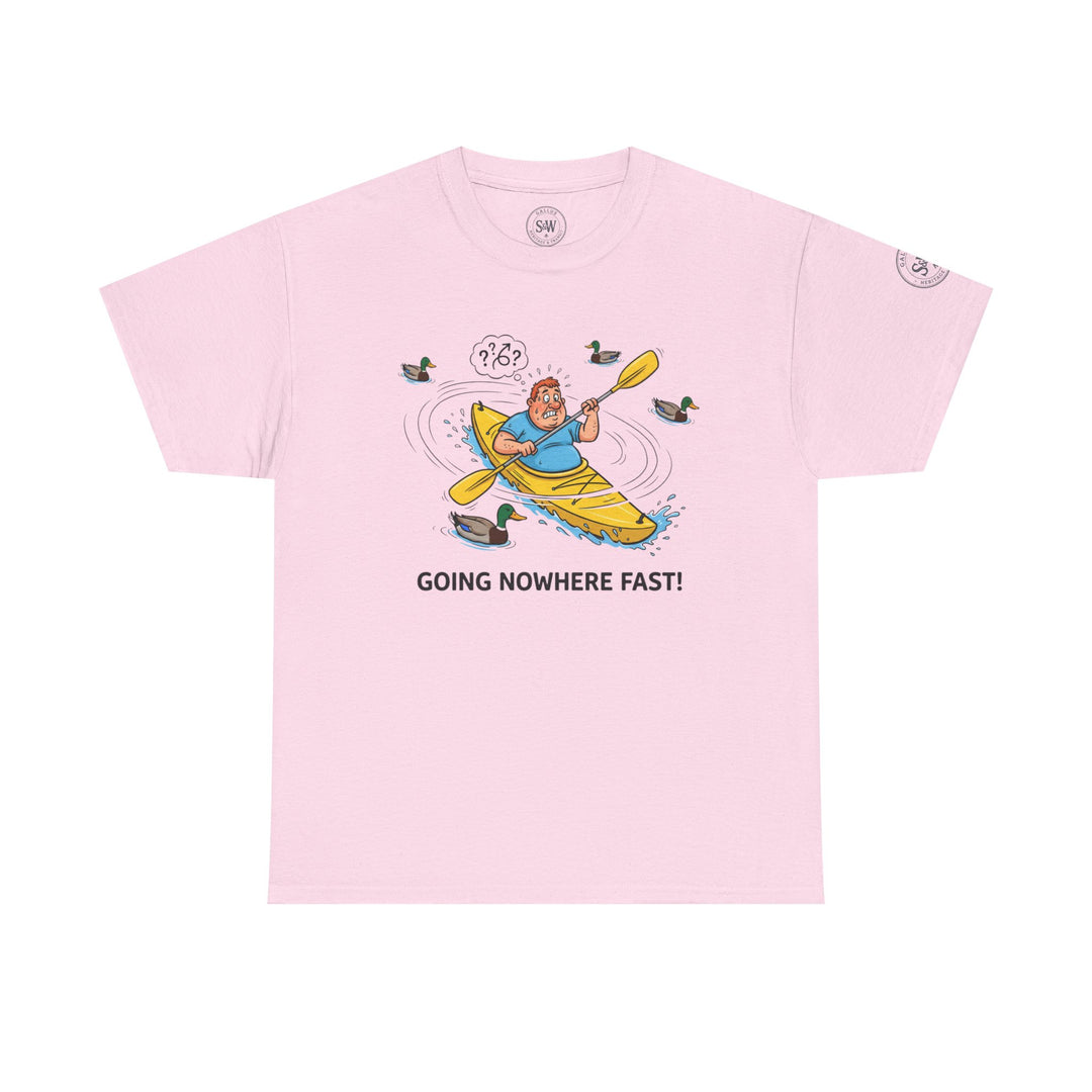 Pink T-shirt by S&amp;W Gallus, featuring a cartoon kayaker surrounded by ducks and the words "Going Nowhere Fast!".
