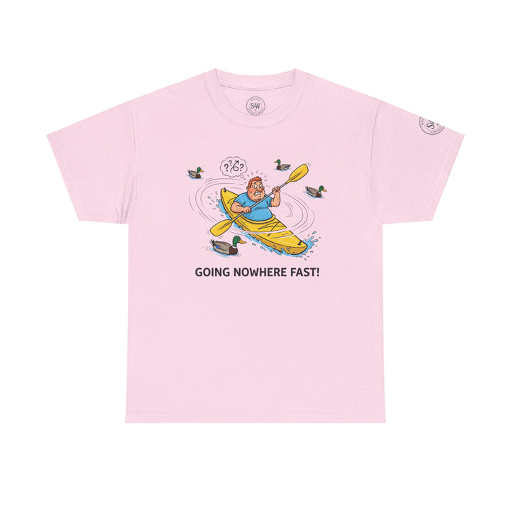 Pink T-shirt by S&amp;W Gallus, featuring a cartoon kayaker surrounded by ducks and the words "Going Nowhere Fast!".
