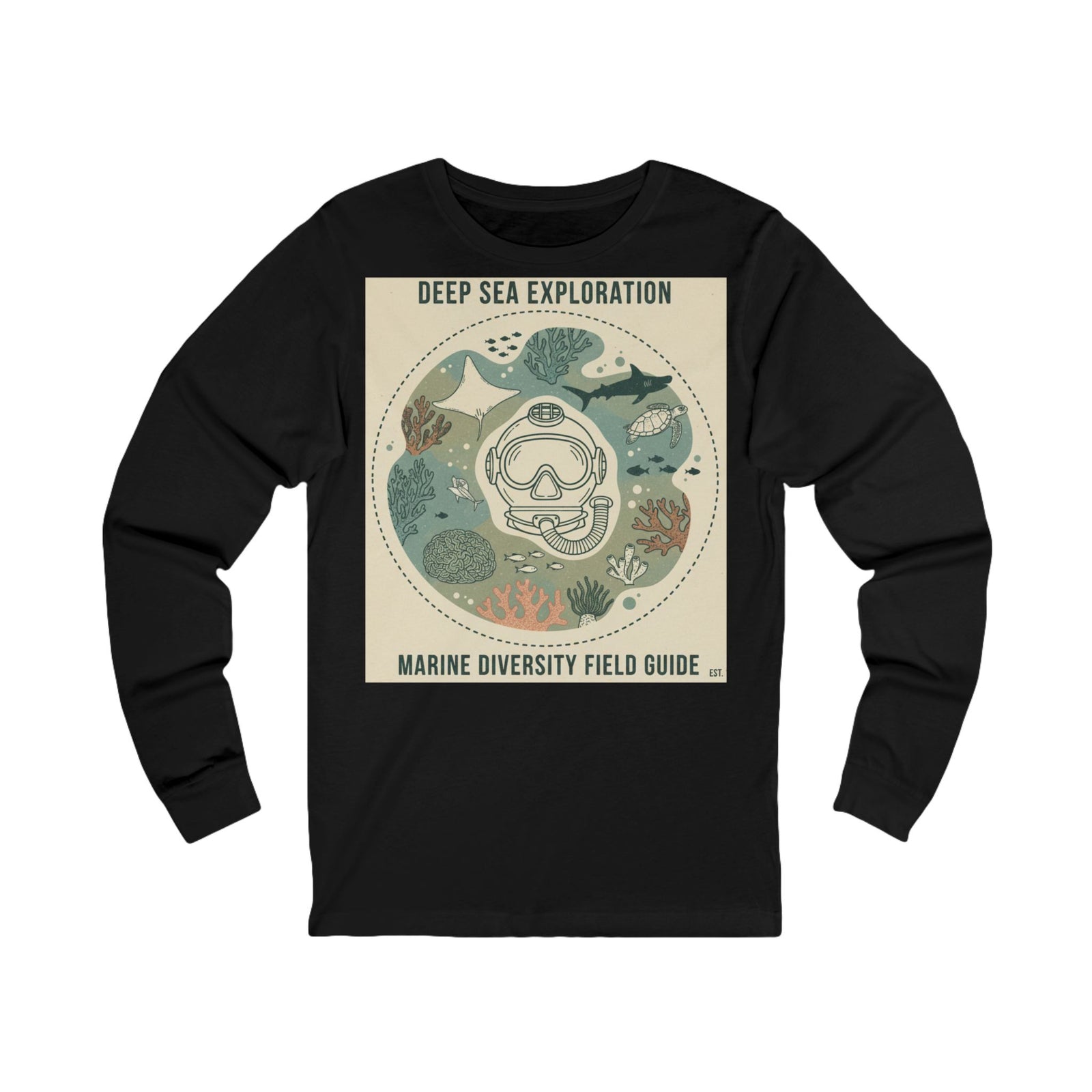 Black long-sleeve tee by S&W Gallus featuring a diving-themed graphic with sea creatures on a tan background.