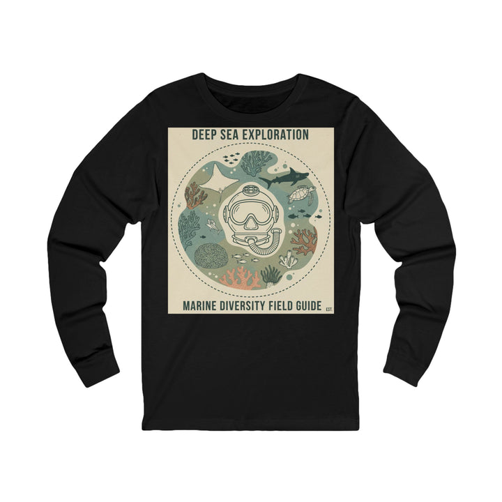 Black long-sleeve tee by S&amp;W Gallus featuring a diving-themed graphic with sea creatures on a tan background.