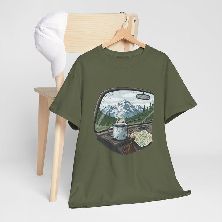 Van Roadtrip View T-Shirt featuring a scenic travel-inspired design. Soft cotton comfort perfect for van life, road trips, and outdoor adventures.