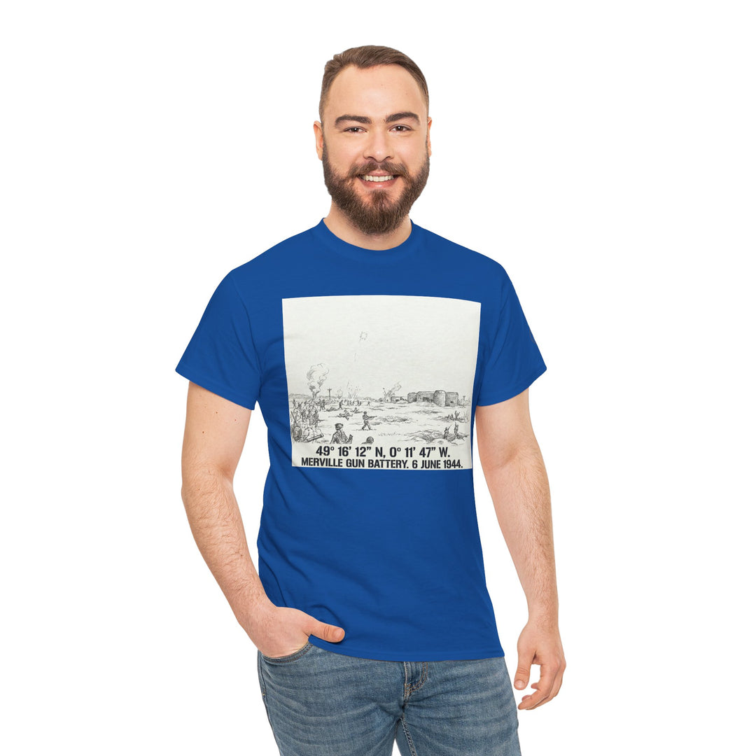 Blue graphic T-shirt by Veteran owned, featuring a sketch of Merville Gun Battery on D-Day, worn with jeans.
