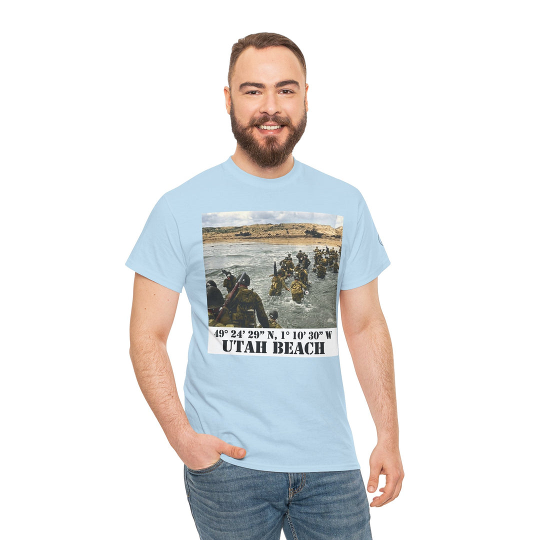 Light blue t-shirt with a Utah Beach graphic by Veteran owned, displayed on a model with jeans.