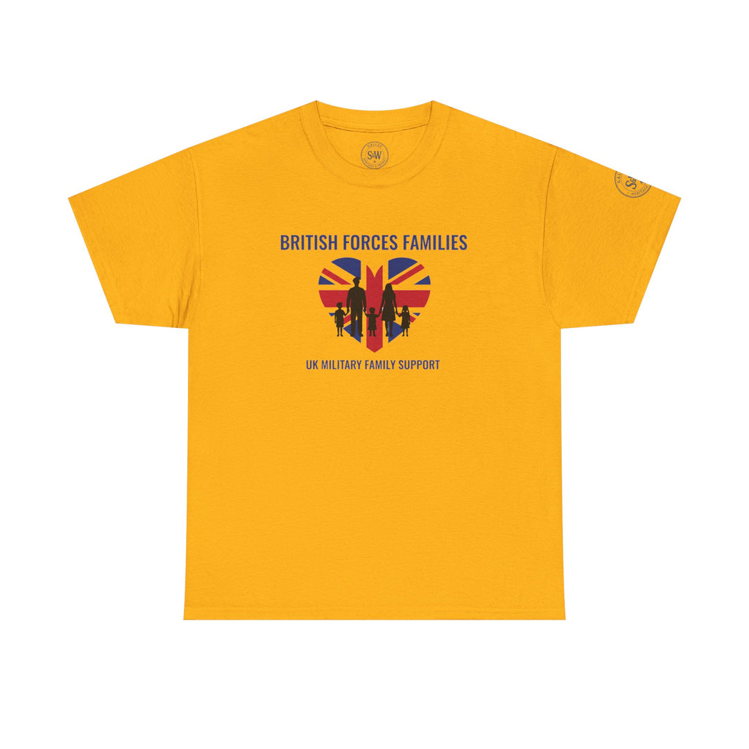 Gold t-shirt by S&amp;W Gallus with a military family support heart graphic in the center.