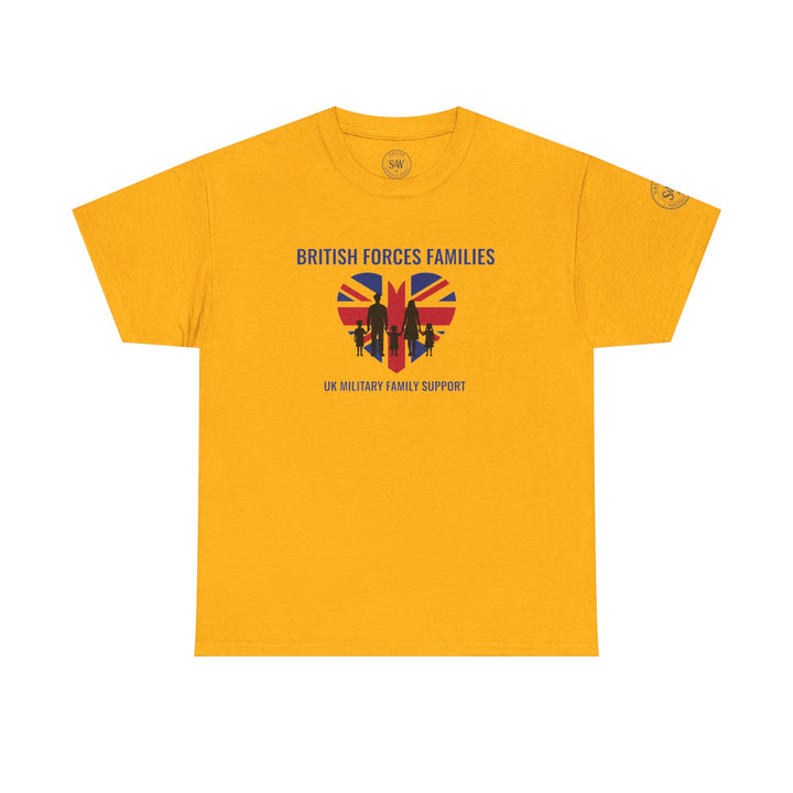 Gold t-shirt by S&amp;W Gallus with a military family support heart graphic in the center.