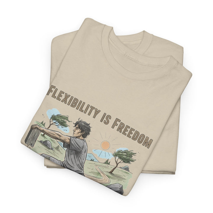 Flexibility Is Freedom Tee – soft, breathable cotton featuring a motivational design. Perfect for yoga, Pilates, stretching, or casual active lifestyle wear.