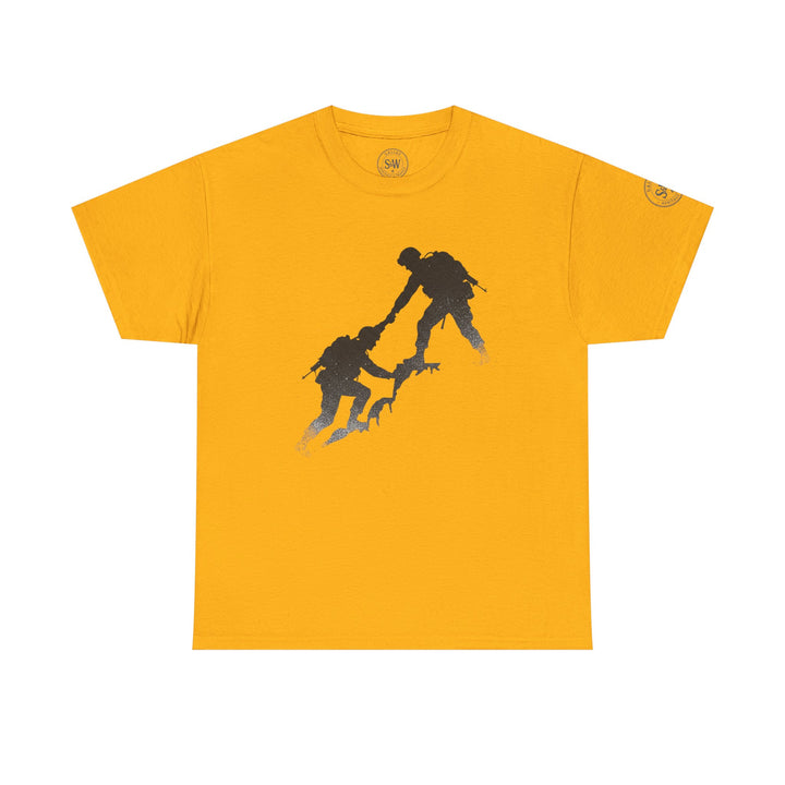 Golden yellow t-shirt by S&amp;W Gallus featuring a silhouette graphic of two soldiers climbing a mountain.