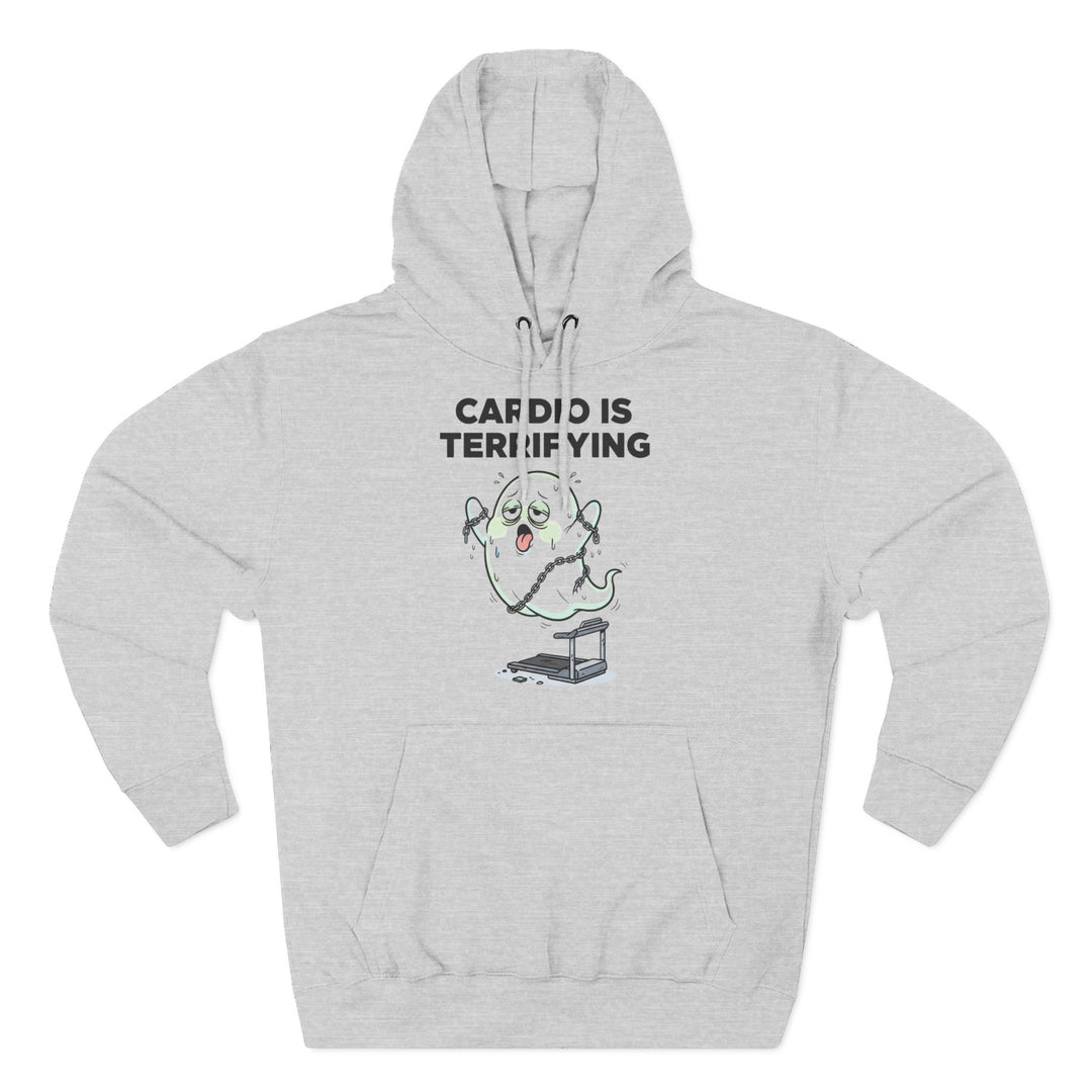 Gray hoodie by S&amp;W Gallus featuring a ghost on a treadmill graphic and the text "Cardio Is Terrifying."
