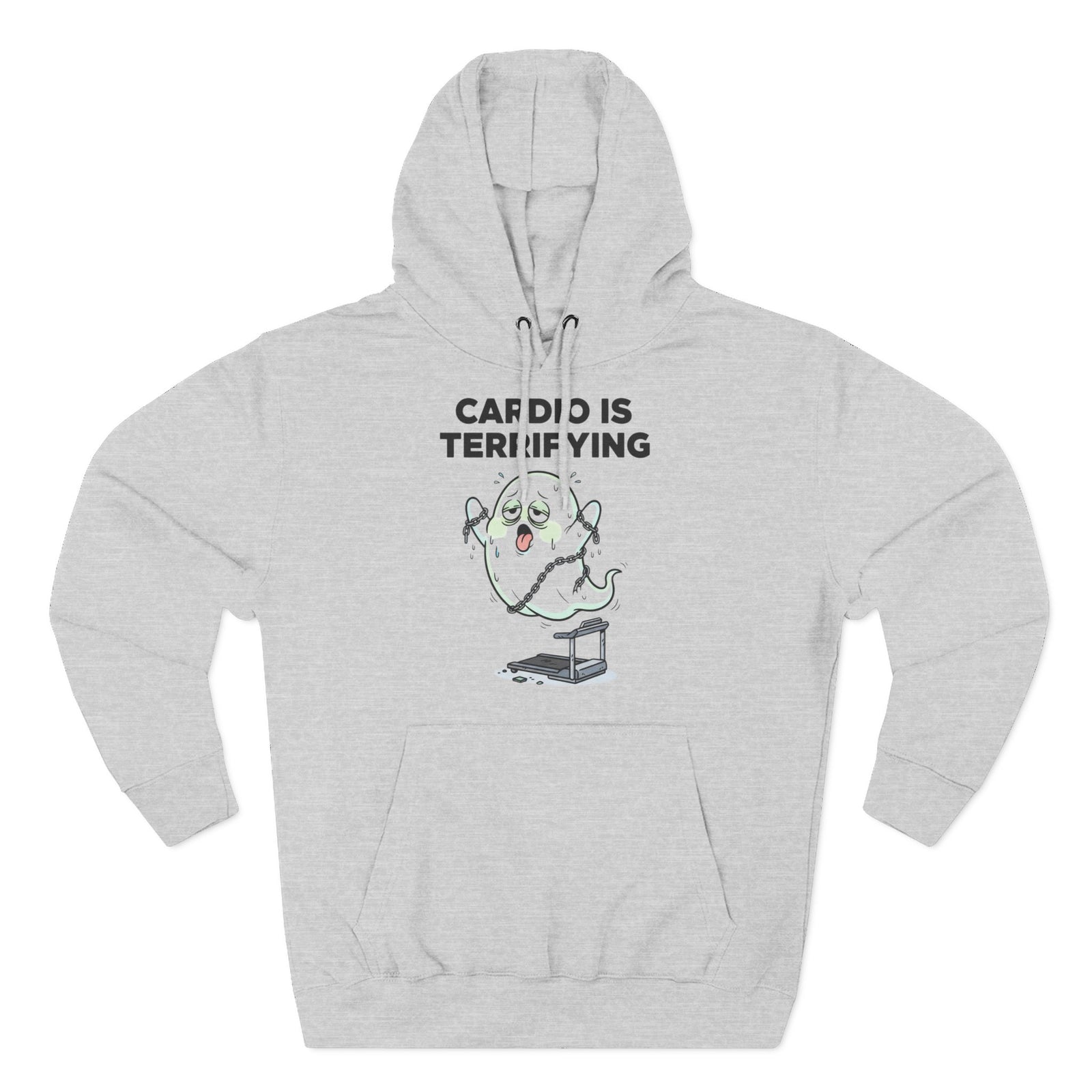 Gray hoodie by S&W Gallus featuring a ghost on a treadmill graphic and the text "Cardio Is Terrifying."