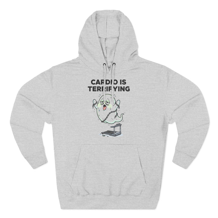 Gray hoodie by S&amp;W Gallus featuring a ghost on a treadmill graphic and the text "Cardio Is Terrifying."