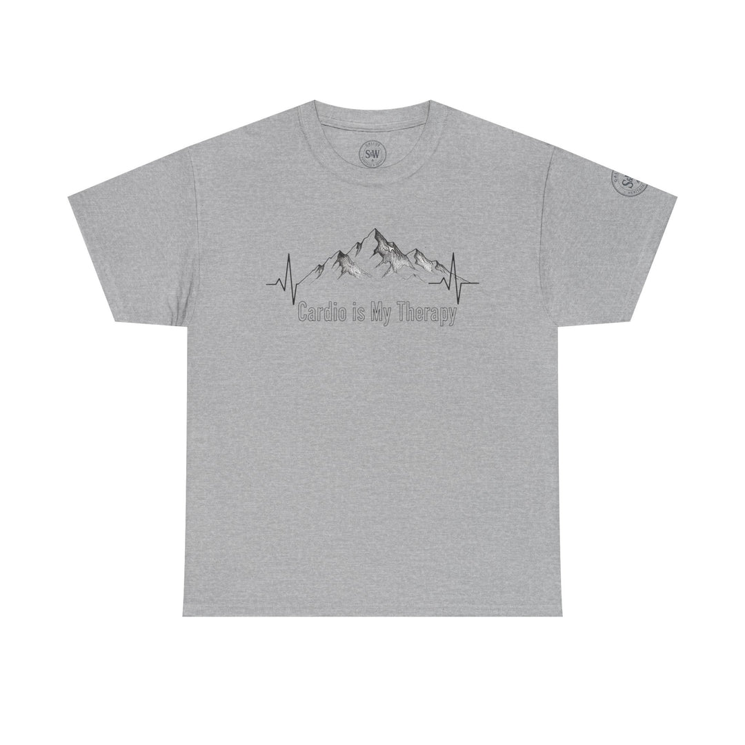 Gray t-shirt by S&amp;W Gallus with a mountain and heartbeat line graphic and "Cardio is My Therapy" text.