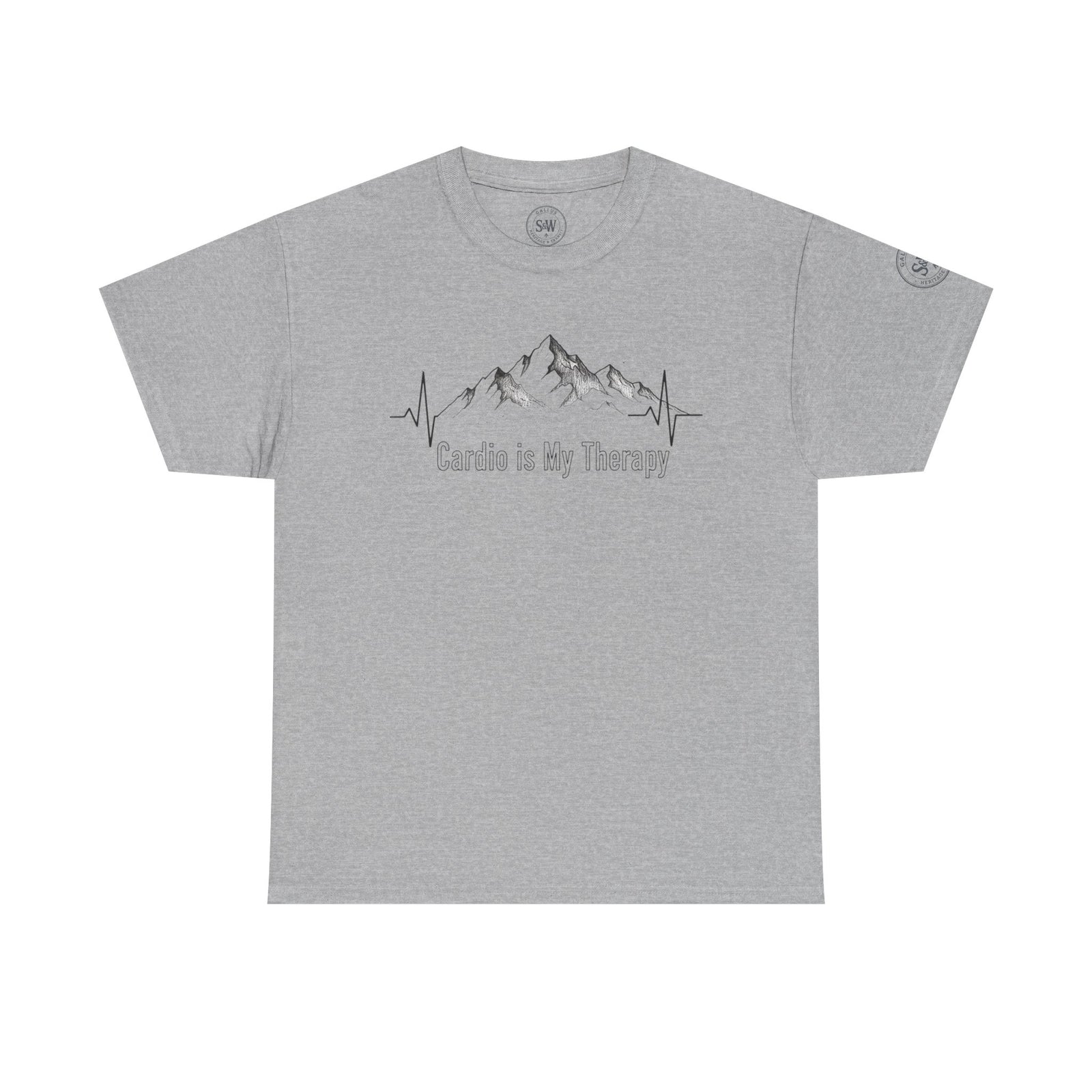 Gray t-shirt by S&W Gallus with a mountain and heartbeat line graphic and "Cardio is My Therapy" text.