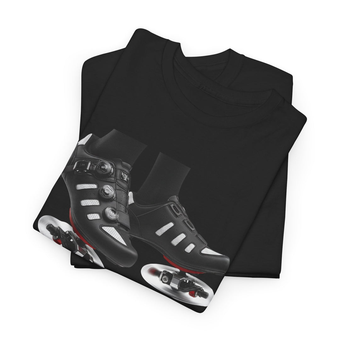 Spin Shoes Tee – soft, breathable cotton featuring a cycling shoes graphic. Perfect for spin classes, indoor workouts, and casual activewear.