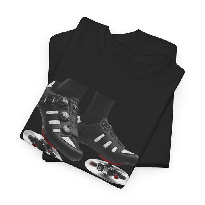 Spin Shoes Tee – soft, breathable cotton featuring a cycling shoes graphic. Perfect for spin classes, indoor workouts, and casual activewear.