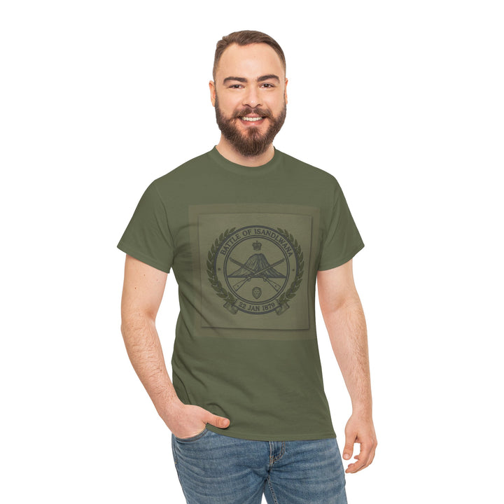 Isandlwana vintage military emblem crewneck T-shirt. Heritage graphic design inspired by historic battlefield legacy.