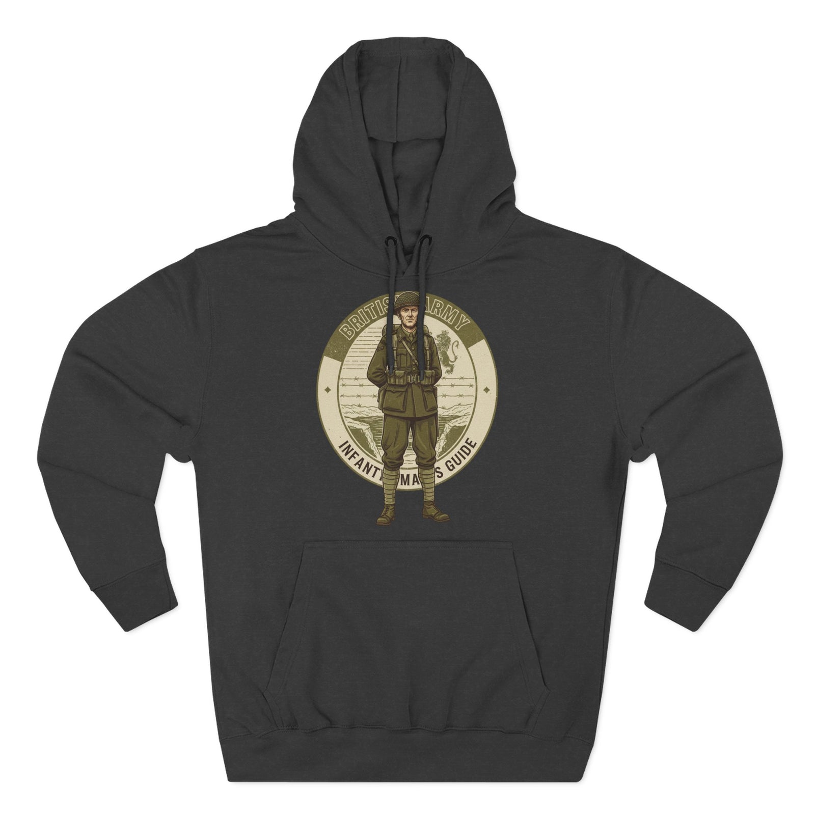 Charcoal gray hoodie by S&W Gallus featuring a vintage World War II soldier graphic on the front.