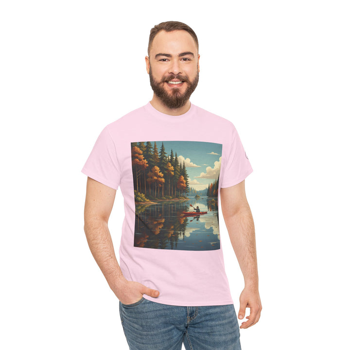 Pink T-shirt by S&amp;W Gallus featuring a lake and canoe graphic, worn with blue jeans.