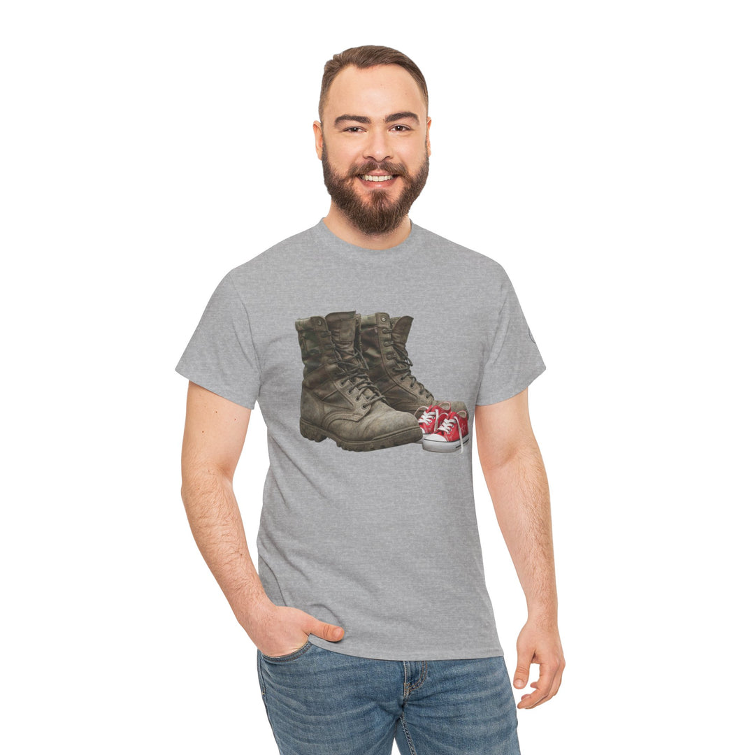 Gray T-shirt with boots and baby shoes by S&amp;W Gallus, worn with blue jeans, on a smiling man.
